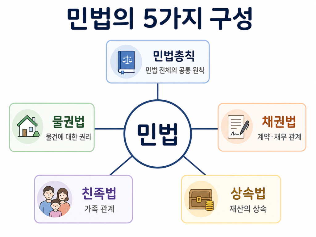 민법총칙·물권법·채권법·친족법·상속법으로 나뉘는 민법의 5가지 체계를 나타낸 도표