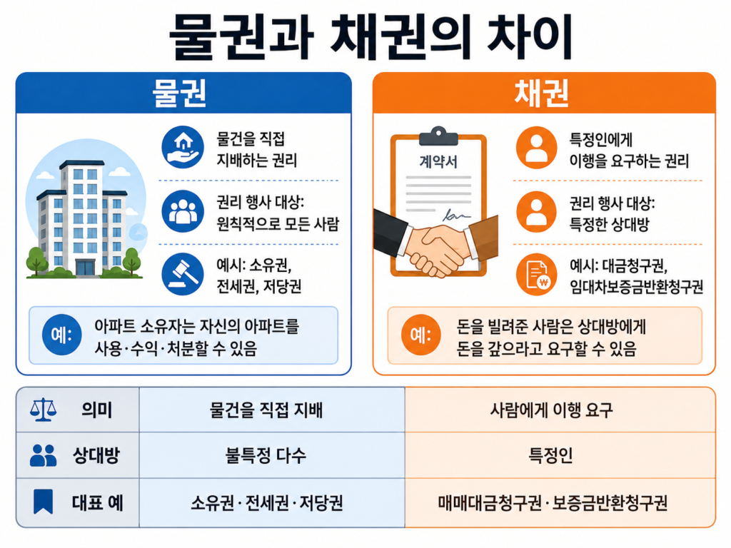 물권은 물건을 직접 지배하고 채권은 특정 사람에게 이행을 요구한다는 차이를 나타낸 비교 그림
