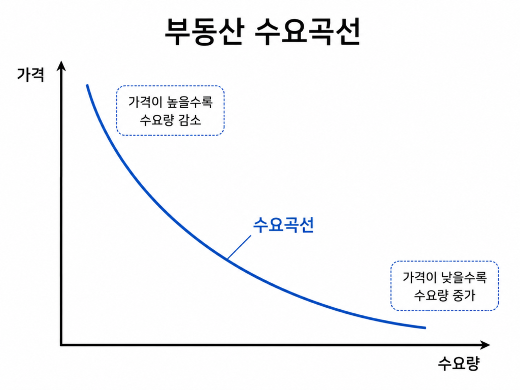 부동산 가격과 수요량의 관계를 나타낸 수요곡선